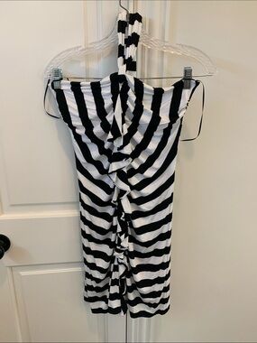 Cache Black and White Striped Midi Dress with Halter Neck